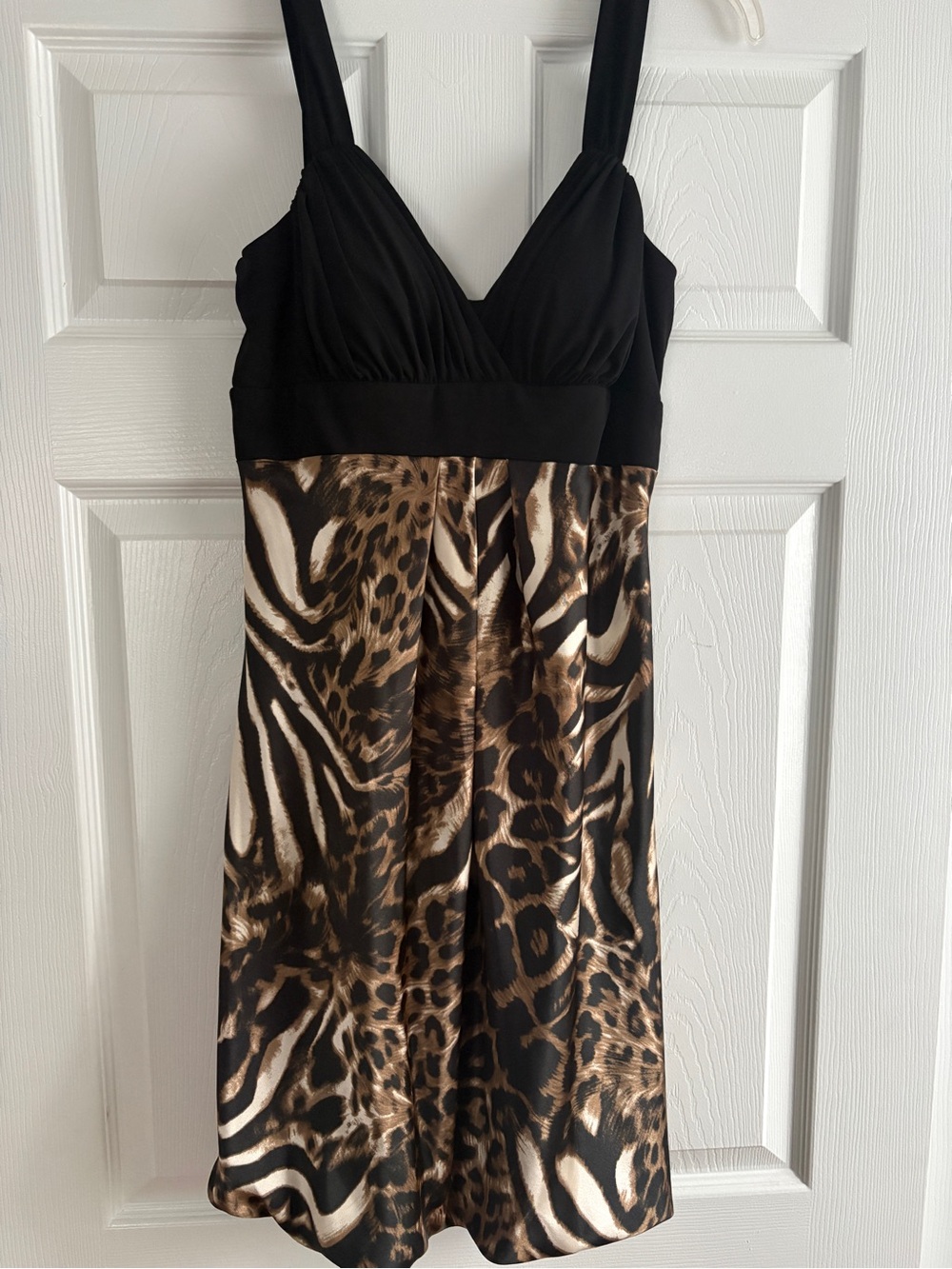 Betsy & Adam Black Bodice Animal-Print Mini Dress